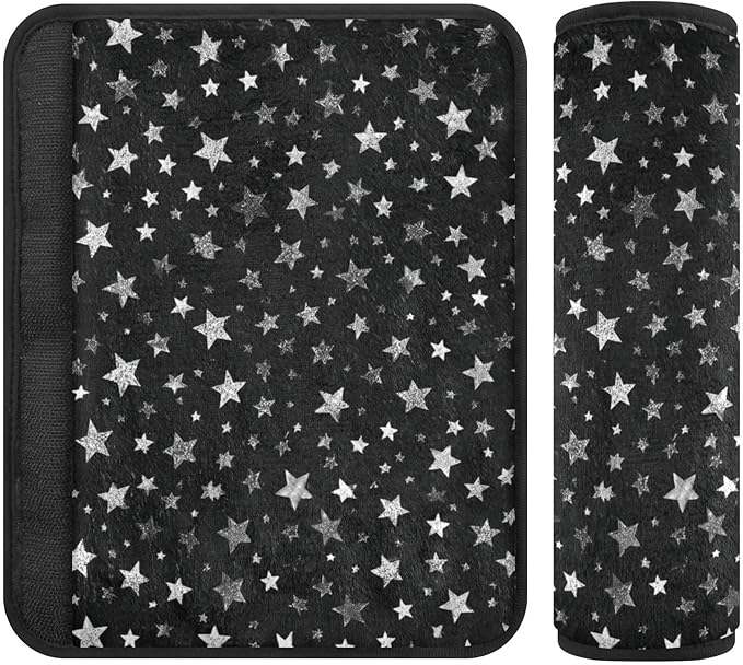 2 Pack Seatbelt Covers Seat Belt Cover Pad for Adults Boys Girls Car Seat Strap Covers Pads Cushion Universal Shoulder Strap Pad Protector for Backpack Camera Bag 6.5 Inch Sparkly Silver Stars