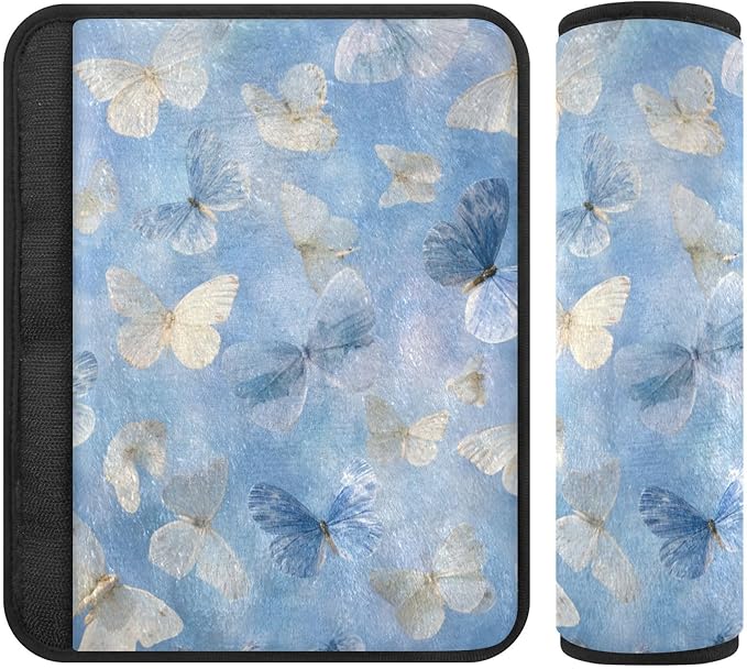 2 Pack Seatbelt Covers Seat Belt Cover Pad for Adults Boys Girls Car Seat Strap Covers Pads Cushion Universal Shoulder Strap Pad Protector for Backpack Camera Bag 6.5 Inch Sky Blue and White Butterfli