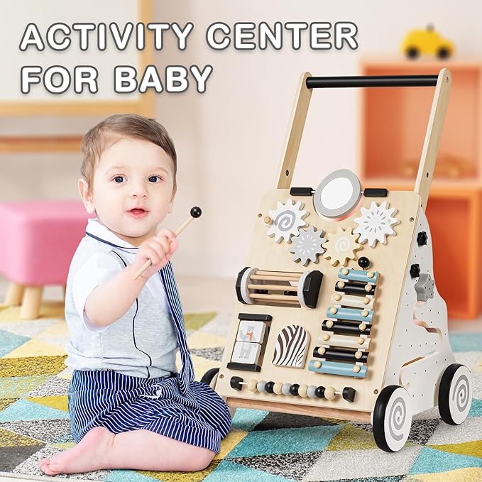 HUZU Wooden Baby Walker with Wheels, Montessori Push and Pull Activity Center for Toddlers, Adjustable Height & Speed, Learning Toy for 6-12 Months 1-3 Years Old Boys and Girls (Nature Wood)