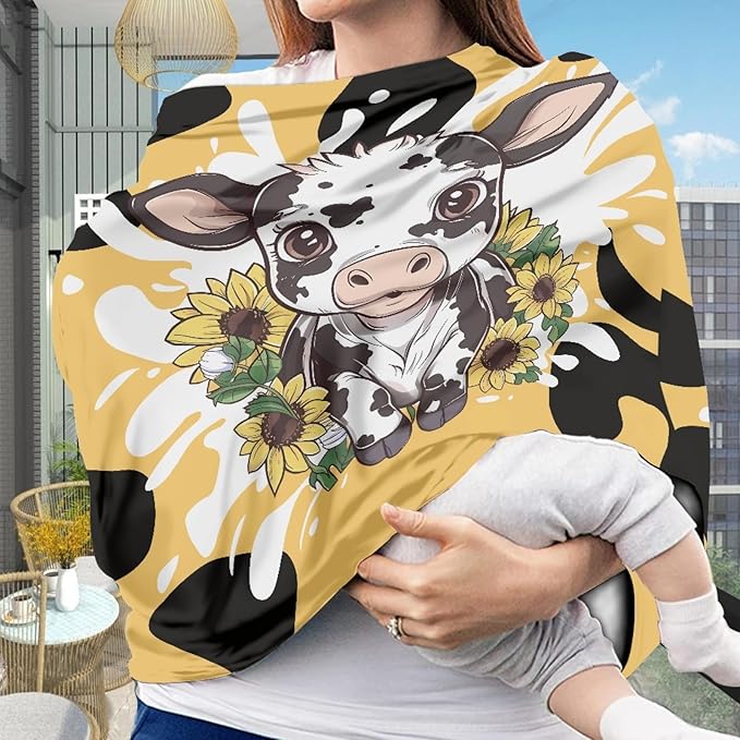 Wanyint Sunflower and Cute Cow Print Car Seat Covers for Babies,Nursing Breastfeeding Cover Infant Carseat Canopy Cover,Stretchy Nursing Cover for Baby
