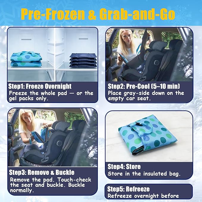 Baby Car Seat Cooling Pad with Insulated Bag Reusable Baby Carseat Cooler Cooling for Car Seat Belts Summer Essential 4 Removable Gel Packs
