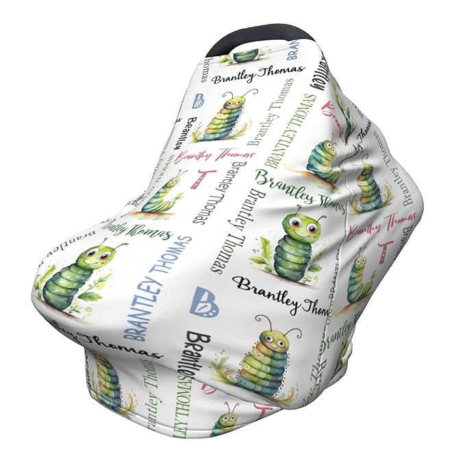 Personalized Baby Car Seat Cover with Name Stroller Canopy Custom Caterpillars Carseat Cover Newborn Baby Boy Girl Nursing Cover for Moms First Birthday Gift