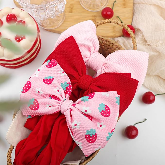 3 Pcs Baby Girl Headbands 6’’ Pink Bows Strawberry Hair Accessories Summer Outfits for Newborn Infant Toddler Girls Clothes