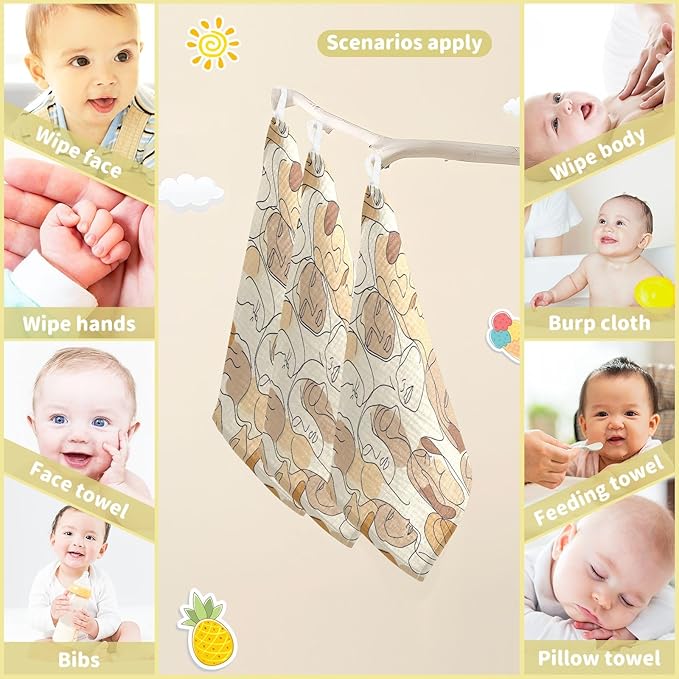 Bolaz Baby Gauze Towels for Kids Soft Handkerchief Newborn 100% Cotton Faces Drawings Absorbent 12x12 Inch 3 Pack