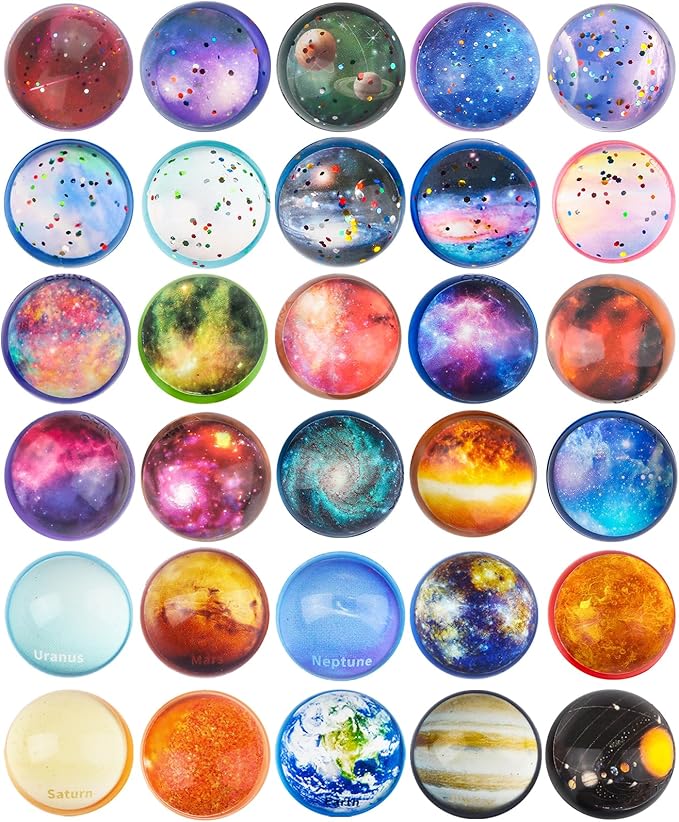 30 Pack Galaxy Bouncy Balls 32 mm Space Themed Rubber Balls in 30 Styles Bulk Space Party Favors for Kids, Goodie Bag Fillers, Bag Stuffers, Space Toys for Boys and Girls