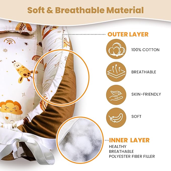 Baby Lounger for Newborn 0–24 Months – Soft Portable Baby Nest by DayTroche, Neutral Color, Cotton & Polyester, Breathable & Washable, Ideal for Baby Shower Gift