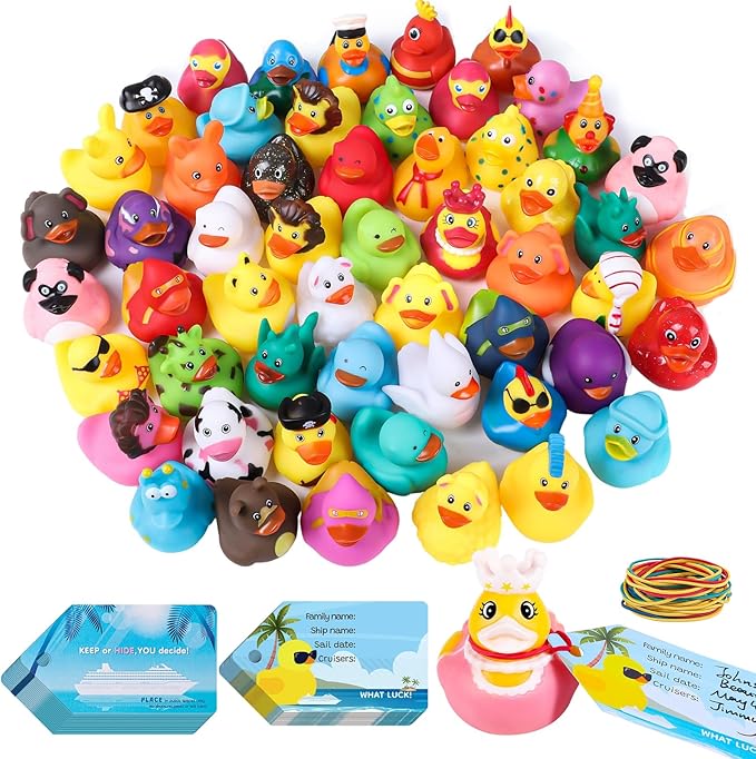 100Pcs Cruise Ducks Tags Kits Includes 30 Cruising Ducks with 30 Cruise Duck Tags & 40 Rubber Bands Assorted Random Rubber Ducks for Cruise Ship Hiding Ducks Easter Basket Stuffers