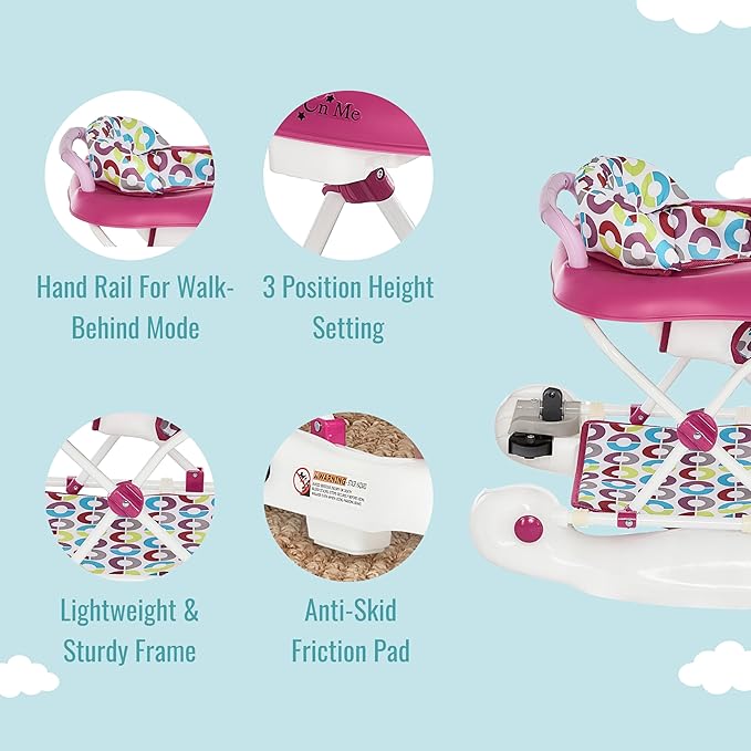Dream On Me Go-Getter Baby Walker and Walk Behind Walker, Adjustable Seat Height, Comfortable Padded Seat, Easy to Fold, Pack and Store, Detachable Fun Tray, Pink