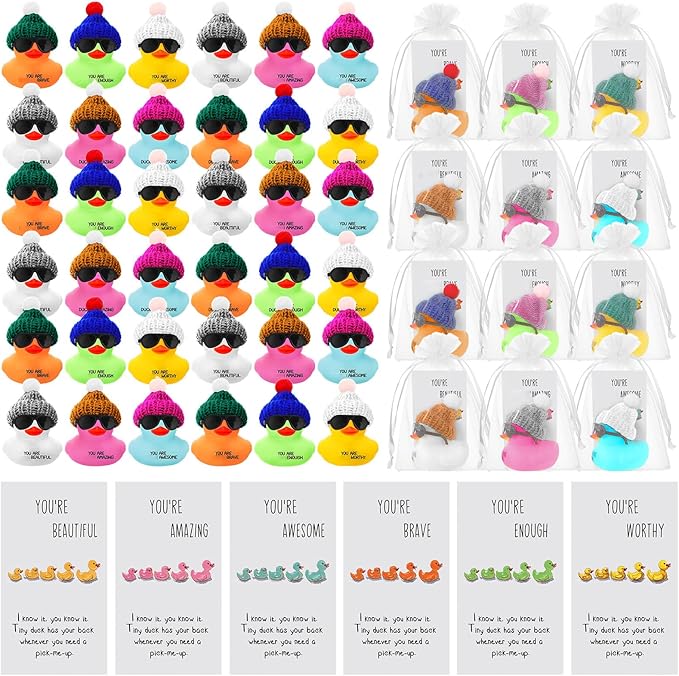 Liliful 2 Inch Rubber Employee Appreciation Gift Ducks Bulk with Hats Glasses You Are Awesome Sign Card for Staff Team Coworker Friends(72 Sets,Colorful)