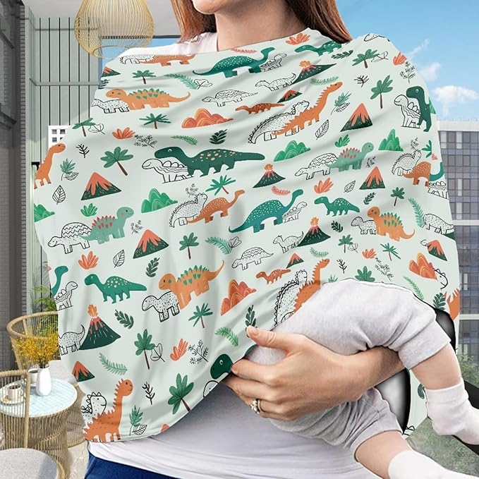 GIFTPUZZ Dinosaur Print Soft Stretch Car Seat Covers for Babies | Versatile Nursing Canopy & Breastfeeding Cover | High Chair & Shopping Cart Cover | Perfect Baby Shower Gifts for Boys & Girls