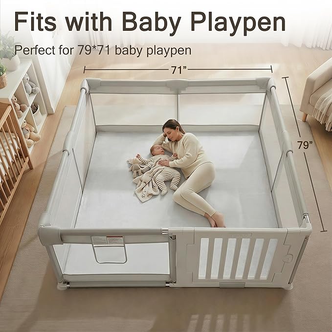 79" ×71" Padded Baby Play Mat for Floor, 1.2" Thick Machine Washable Foam Playmat, Soft Tummy Time Crawling Playpen Mat with Non-Slip Bottom, Fits 79" x71" Playpens