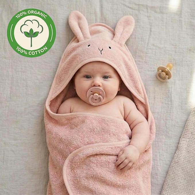 Hooded Baby Towel - 100% Organic Cotton Baby Bath Towels – Baby Towels, Baby Bath Towels for Baby Girl, 32" x 32" Super-Soft and Absorbent Baby Towels for Newborn (Rabbit - Blush)