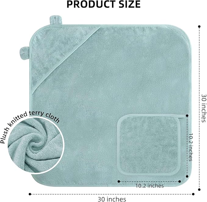 LifeTree 1 Pack Baby Hooded Towel with 1 Pack Washcloth for Newborn, 100% Cotton Bath Towel for Babies, Infant, Toddler and Kids, Thick,Soft and Absorbent, 30 * 30 Inches, Newborn Essentials, Green