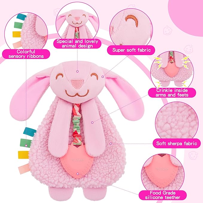 Pro Goleem Baby Easter Basket Stuffers Bunny Loveys for Babies Girl and Boy, Baby Lovey with Teether, Baby Toys 0 3 6 9 12 Months, Safety Teething Toys for Babies Infant Newborn and Toddler Gifts