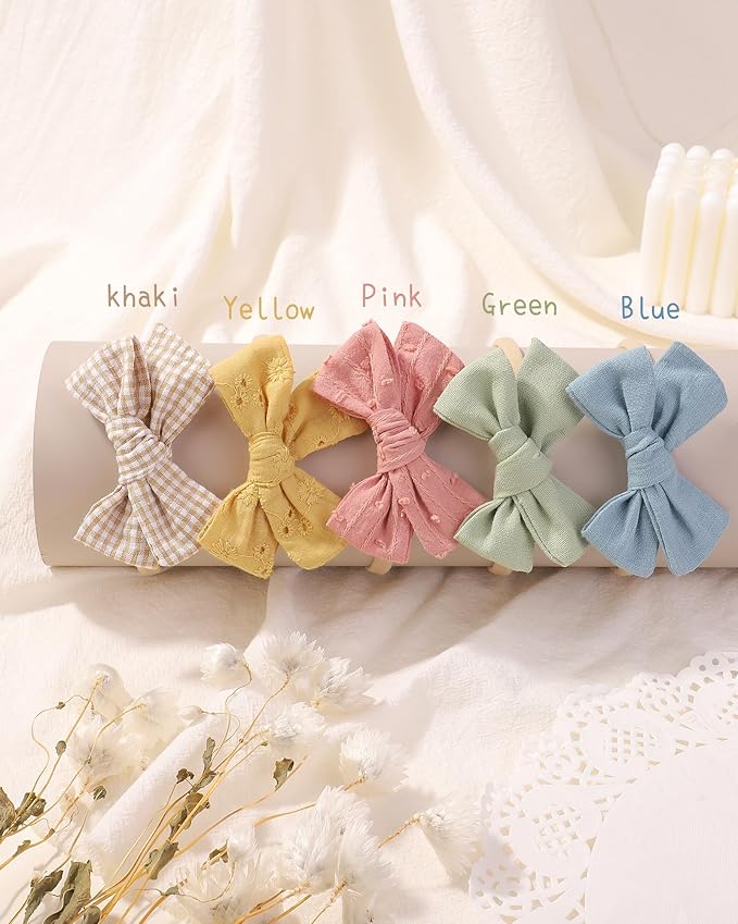 doboi 10PCS Baby Girls Headbands Hair Bows Nylon Cotton Linen Hairbands Handmade Hair Accessories for Newborn Infant Toddlers Little Girl and Kids 3.5Inches