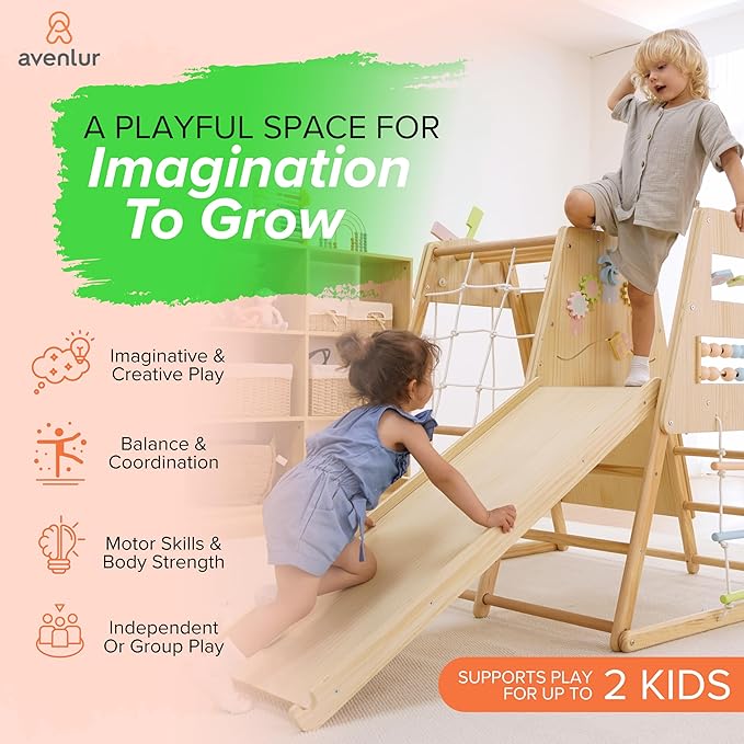 Avenlur Cherry 5-in-1 Wooden Indoor Climber – Montessori Toddler Play Gym with Slide, Rock Wall, Rope Ladder, Sensory Panel & Swing – Indoor Playground for Kids Ages 18 Months to 5 Years