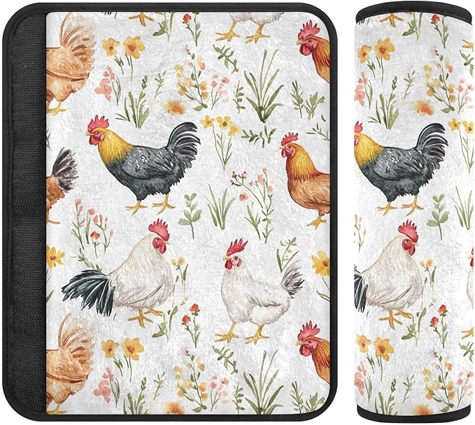 CHIFIGNO Colorful Roosters Cute Flowers Seat Belt Covers 2Pcs Car Seatbelt Covers Soft Car Seat Straps Shoulder Pads for Adults Women Kids
