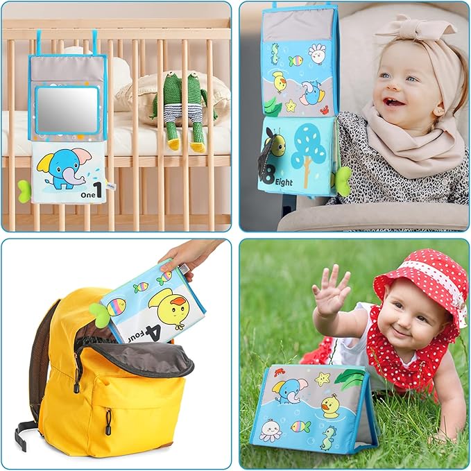 Caterbee Baby Mirror Toys, Inant Tummy time Toy Cloth Book with Mirror, Fun Crinkly Sounds for Early Learning and Developmental Playtime 0 Months up