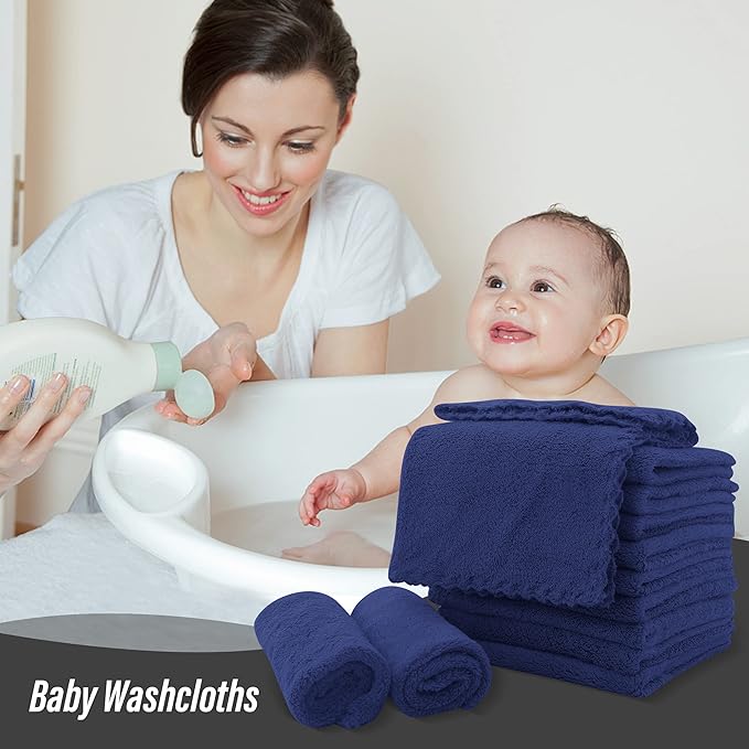 Sunny zzzZZ Ultra Soft 24 Pack Baby Washcloths - 10x10 Inches - Coral Fleece Extra Absorbent Wash Clothes for Babies, Infants and Toddlers - Sensitive Skin and Newborn - Ideal Baby - Navy Blue
