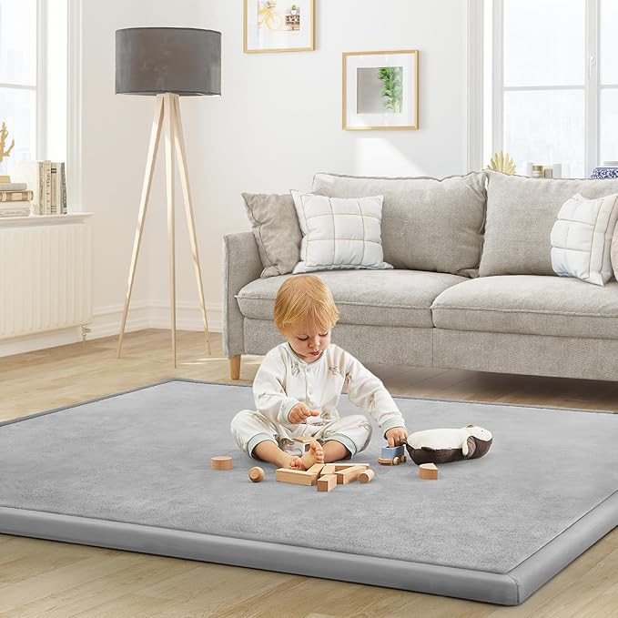 Baby Play Mat for Floor Nursery Rug Muscle Mat Area Rug Playroom Rug 59"x59" Playpen Mat Memory Foam 1.3" Thick Crawling Mat for Babies,Toddlers, Infants, Kids,A Light Gray