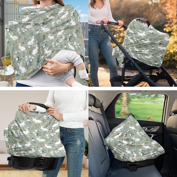 Bunny Carseat Canopy for Babies Cute Breastfeeding Nursing Pillow Slipcovers Breathable Fits Snug On Infant 2PCS Baby Feeding Essentials