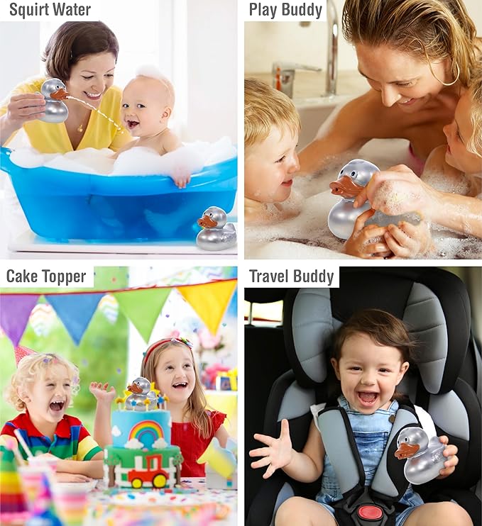 DolliBu Metallic Silver Duck Bath Buddy Squirter - Floating Silver Duck Rubber Bath Toy, Fun Water Squirting Bath Time Play for Toddlers, Animal Toy for Bathtub, Beach, and Pool for Girls and Boys