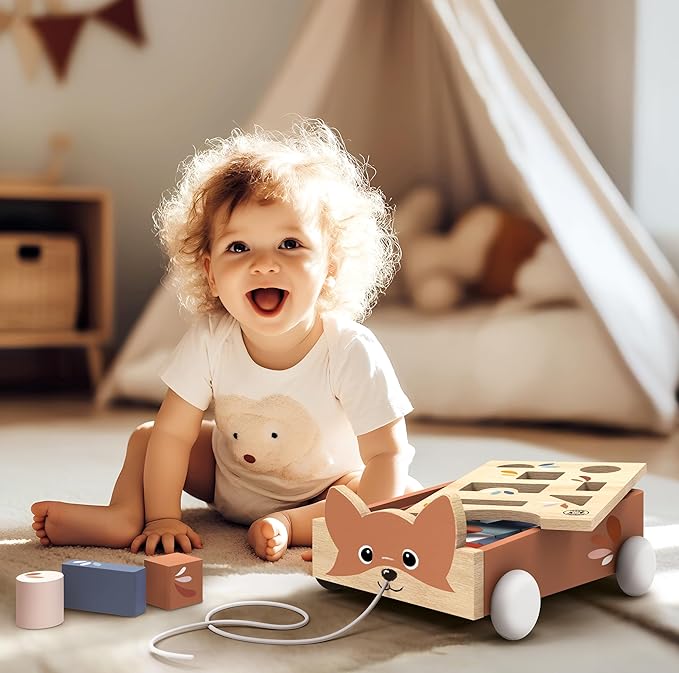 Speedy Monkey Fox Blocks Cart for Toddlers 12m+ | Wooden Block Wagon Pull Toy with 24 Multicolor Blocks | Educational Shape Sorting & Building Toy for Kids | Early Learning Play for Boys & Girls