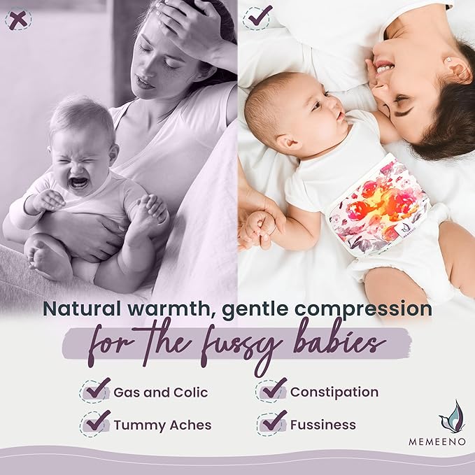 MEMEENO Baby Belly Band for Gas and Colic Relief - Heating Pad, Tummy Wrap for Infants and Newborns, Floral