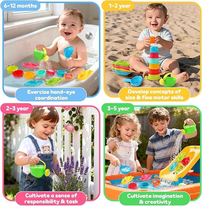 Zeewoo Baby Bath Toys for Kids Ages 1-3 Toddler Bath Toys Mold Free Bathtub Toys for 12+ Months Pool Water Table Beach Sand Toys Stacking Cups Floating Boats for 1+ Years Old Girls Boys Gifts 13 PCS