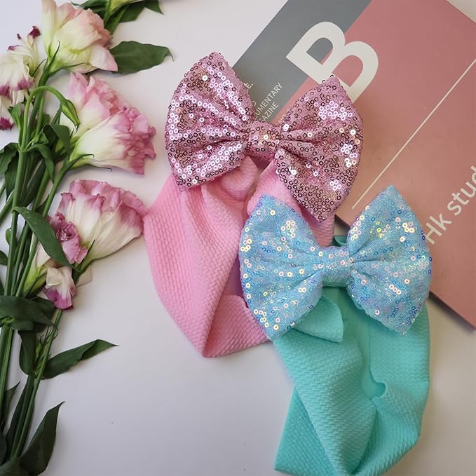7'' Sequin Baby Headbands, Pink Big Bows for Baby Girls - Soft Stretchy Newborn Bows, Infant to Toddler Hair Accessories, 0-6Months Blue Light Pink