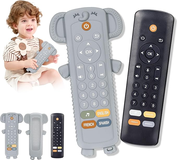 KIRALUMI Baby Remote Control Toy with Silicone Teether Cover - Baby Musical Toys, Early Number Learning in 3 Languages (English, Spanish & French), Preschool Boys Girls Toys Gift 6, 12, 18 Months.