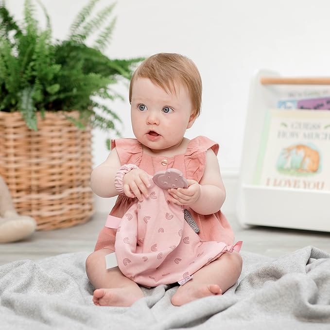 Cheeky Chompers Comfortchew | Baby Lovey with Silicone Teether & Sensory Tags | Soft Fleece Material, Attachable Loop, Machine Washable (Rainbow Rose)