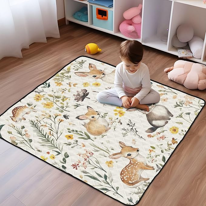 Baby Play Mat Vintage Woodland Animals Wildflowers 50 x 50 Playpen Mats for Floor Play Gym Crawling Mat Non-Slip Cushioned Baby Playmat for Infants, Babies, Toddlers