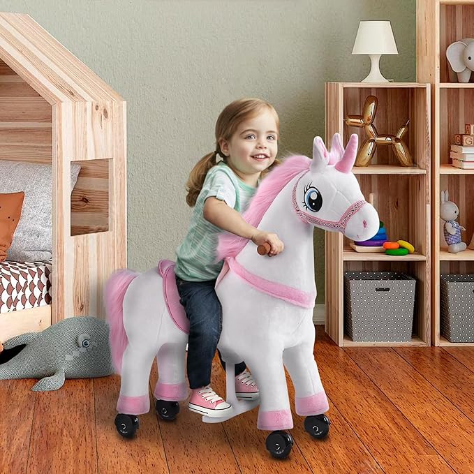 Ride on Horse Unicorn Toy for Kids Riding Horse Pony Rider Mechanical Cycle Walking Action Plush Animal for 3 to 4 Years, No Battery or Electricity,Max Load 132 LBS, Small Size