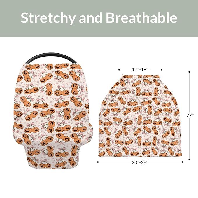 Pumpkins Cherries Orange Pink Bows Love Car Seat Cover for Babies Fall Autumn Girly Stretchy 5-in-1 Cover Adjustable Infant Carseat Cover Canopy Vintage Halloween Pumpkin Breathable Nursing Cover-Up