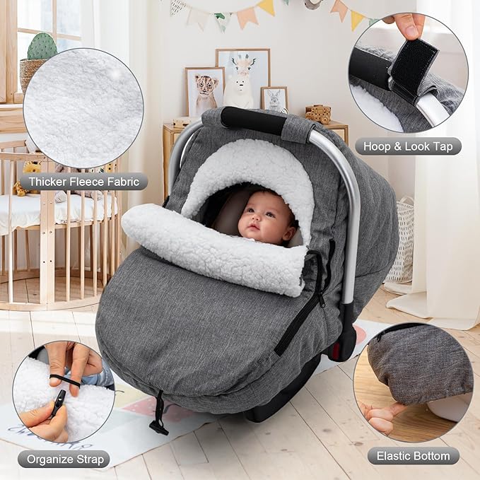 Winter Carseat Cover, Sherpa Fleece Baby Car Seat Cover for Cold Weather, Warm Snug Infant Car Seat Canopy for Boys Girls, Universal Newborn Carrier Covers Protect Baby from Snow Wind