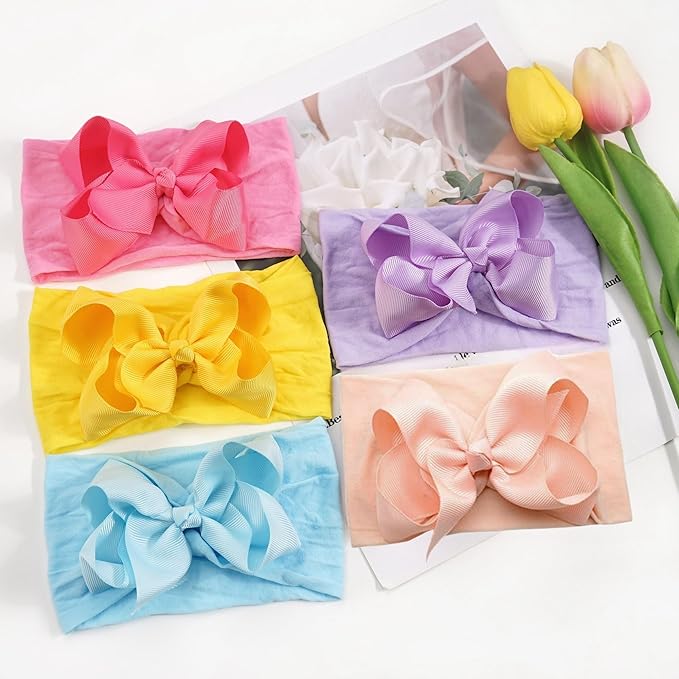 Yxiang 20PCS Baby Girl Bows Headbands, 4" Infant Bows Headbands Super Elastics Nylon Hairbands Cute Handmade Ribbon Bows for Babies Newborn Toddler (20 Colors)