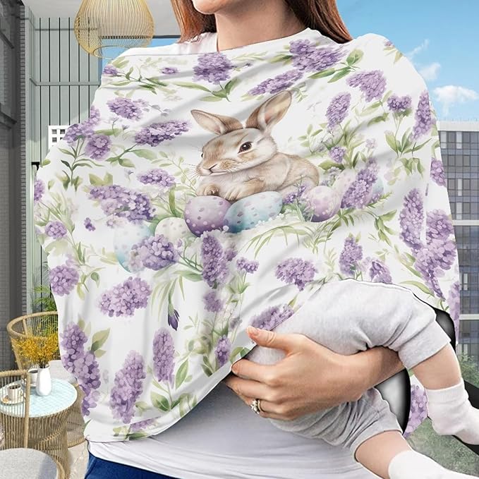 AFPANQZ Cartoon Rabbit Purple Flower Stretchy Baby Car Seat Covers Nursing Breastfeeding Cover Breathable Multiuse Infant Carseat Canopy Stroller Cover Scarf All Seasons