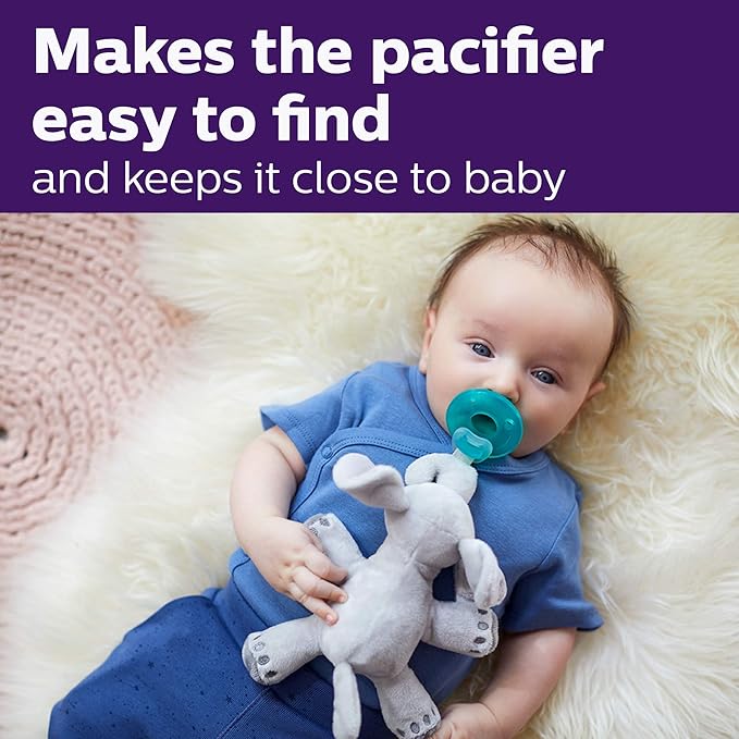 Philips AVENT Soothie Snuggle Pacifier Holder with Detachable Pacifier,0m+,Elephant,SCF347/03-,(Pack of 3)