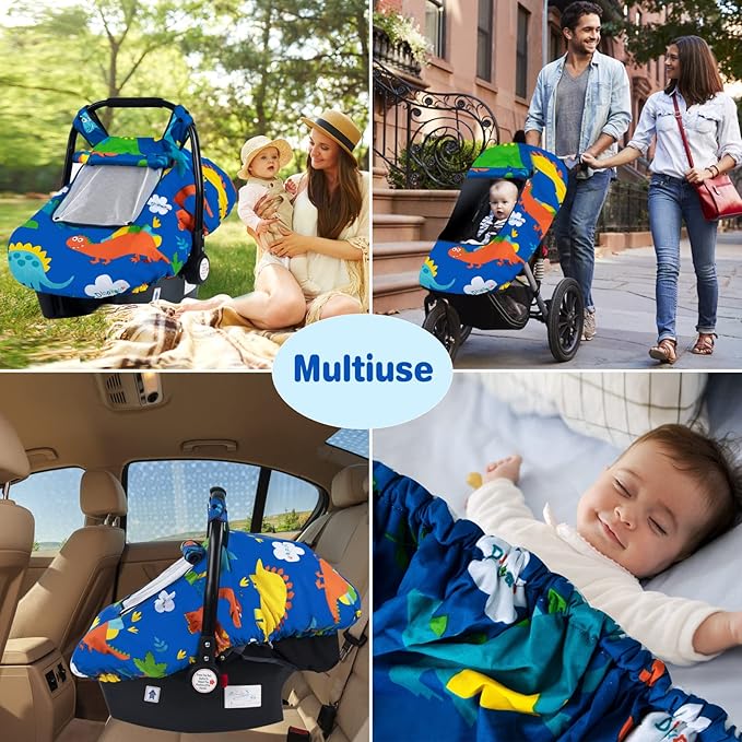 SMTTW Baby Car Seat Covers, Infant Car Canopy for Spring Summer Autumn Winter, Universal Fit, Snug Warm Breathable, Car Seat Canopy for Boys Girls (Dinasour)