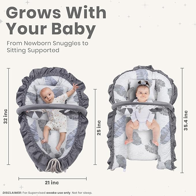 Newborn Lounger Leaf Gray - Flexible & Portable w/Infant Support Cushion, Soft & Breathable 100% Cotton - Multi-Use Supervised Baby Lounger for Floor, Travel, Changing Mat Alternative - Premium