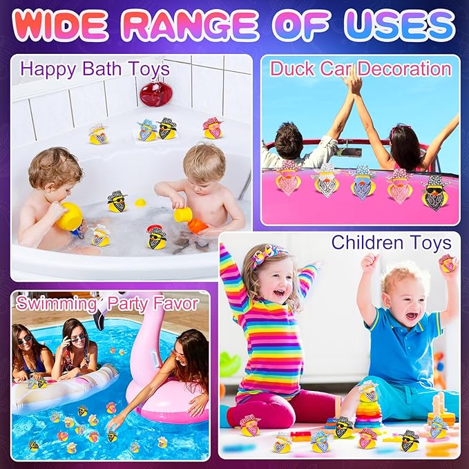 Hanaive 24 Sets Cowboy Rubber Duck Light up Mini Holographic Space Disco Hat Scarf Sunglasses Graduation Light up Bath Toys Bathtub Accessories Baby Shower Birthday Supplies(Bling Style)