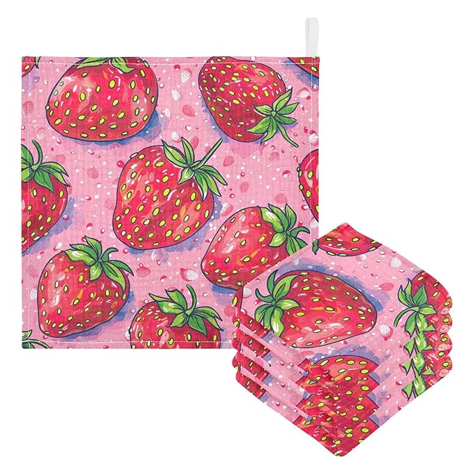 Strawberries Pink Muslin Baby Washcloths, 5 Pack of Cotton Newborn Wash Cloths, Extra Soft & Ultra Absorbent Baby Towels, 12 X 12 in