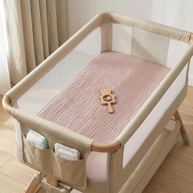 Muslin Bassinet Sheet Compatible with Mika Micky & Baby Delight Bedside Sleeper - 100% Cotton Rectangular Mattress Pad Cover (35"x20"), Breathable & Soft, Boho (1 Pack Pink)