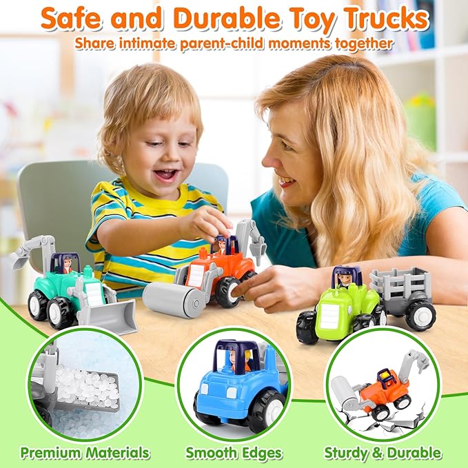 ORWINE Inertia Trucks Toy Cars, Early Educational Baby Boy Toys 18 Months, Push and Go Cars Gifts for Boys & Grils, 4PCS Construction Vehicles for Toddler Outdoor & Indoor