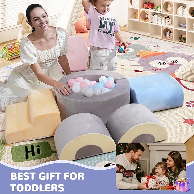 Toddler Climbing Toys Indoor, 7‑Piece Soft Foam Play Set for Toddlers 1‑3, Foam Climbing Blocks with Slide, Stairs & Ball Pit, Crawl and Climb Activity Gym, Lightweight & Washable Kids Gift