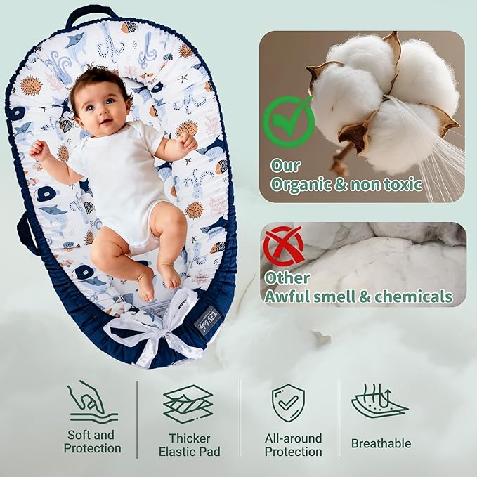 Infant Support Cushions | Baby Lounger | Organic Cotton Infant Lounger | Reversible, Adjustable & Portable Floor Lounger | Supervised Use | Soft, Breathable, Washable Cover (sea)