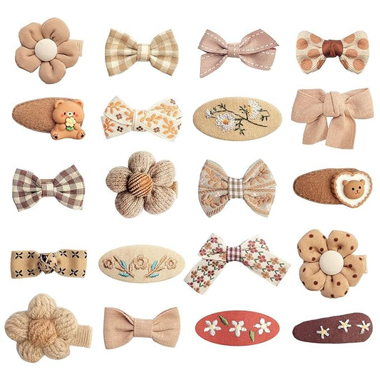 EleMirsa Girl Hair Clips Brown Flower Fabric Snap Hair Clips Fully Lined Alligator Clips Brown Bow Hair Accessories for Little Girl Teens Toddler Kids,20pcs
