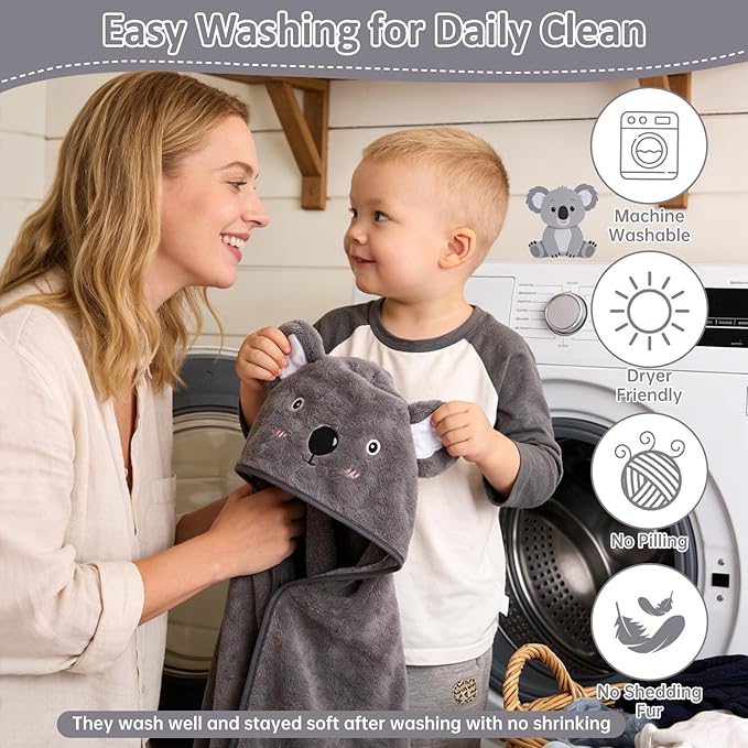 Hooded Baby Towel, Premium Soft Coral Fleece Baby Towel for Baby, Newborns, Toddlers, Infant- Ultra Absorbent, Natural Baby Stuff Towel with Hood for Boys and Girls (Gray Koala)