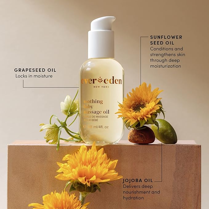 Evereden Soothing Baby Massage Oil, 4 fl oz & Nourishing Face Cream, 1.7 oz | 2 Item Bundle Set | Clean and Unscented Baby Care